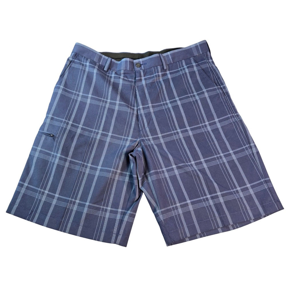 Grand Slam Golf Men's Blue Plaid Performance Shorts Size 36 Flat Front Pocket